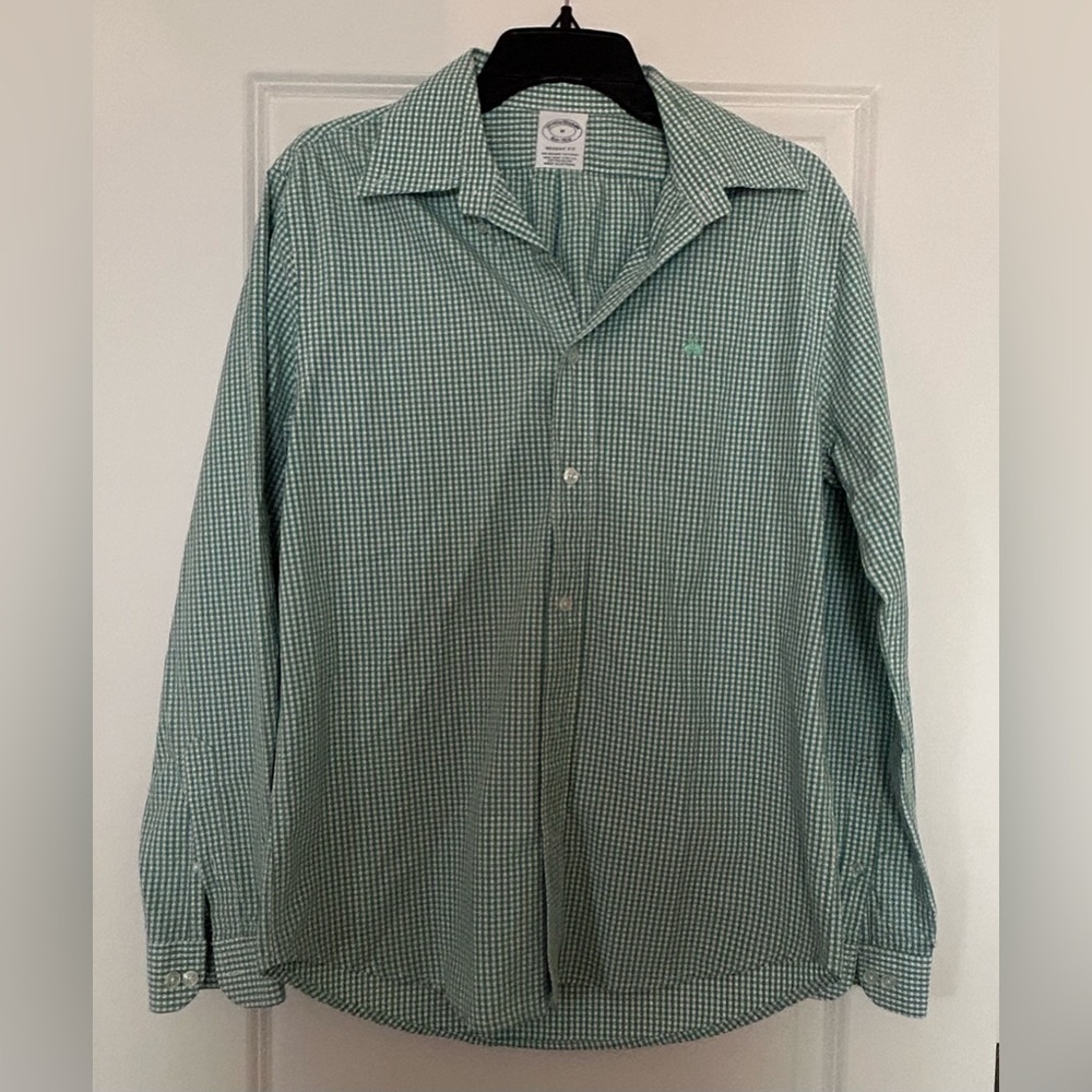 Brooks Brothers Regent Button Up Shirt green Checkered medium gingham casual
